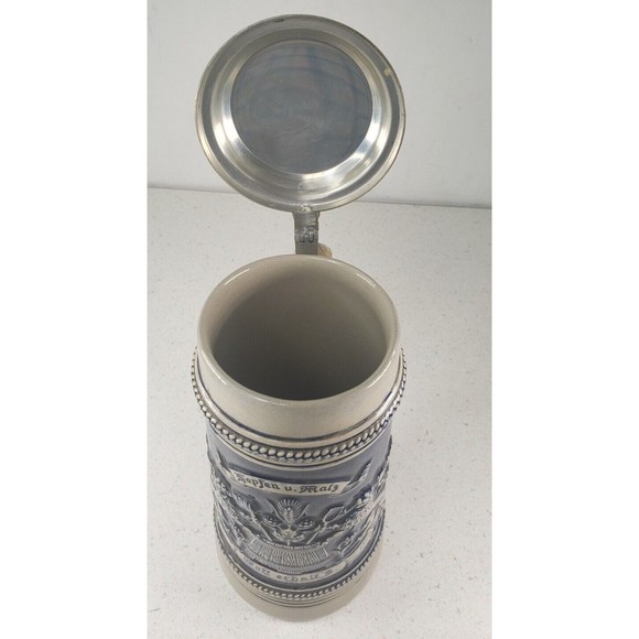 Vintage Original Gerzit Lidded German Stoneware Beer Stein Cobalt Blue Pewter - Picture 10 of 14